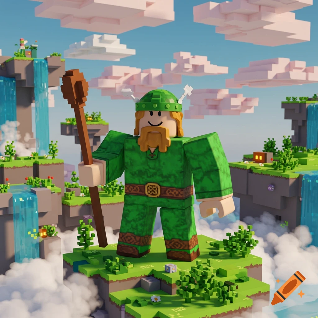 A green, bearded, blocky character with a staff on a floating island world, in a voxel art style reminiscent of Roblox.
