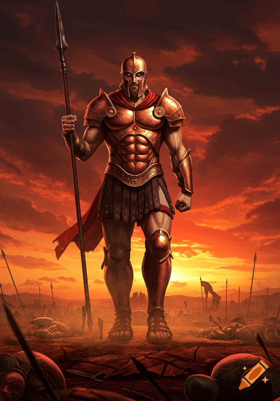 A strong warrior in golden armor stands on a battlefield at sunset, holding a spear.