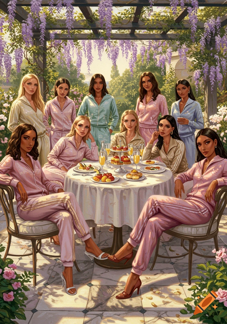 A group of women in colorful tracksuits enjoying brunch at a table in a beautiful wisteria-covered garden, rendered in a realistic painting style.