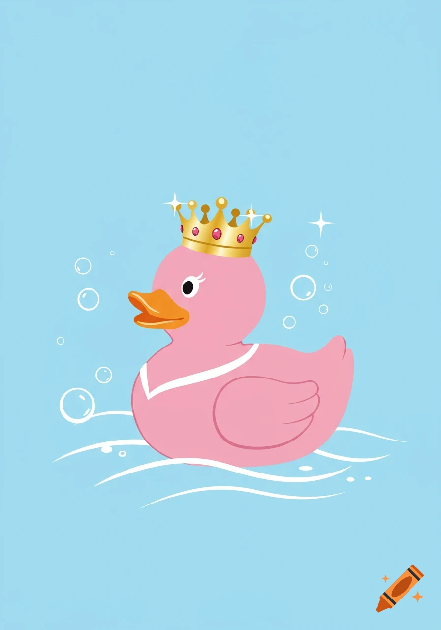 Pink rubber duck wearing a golden crown floats in light blue water with white waves and bubbles, cartoon style.