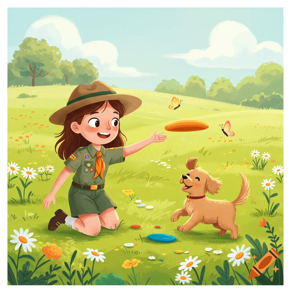 A cartoon girl scout kneels in a grassy field, throwing a frisbee to a playful brown puppy. Butterflies fly around them in the bright sunny meadow.