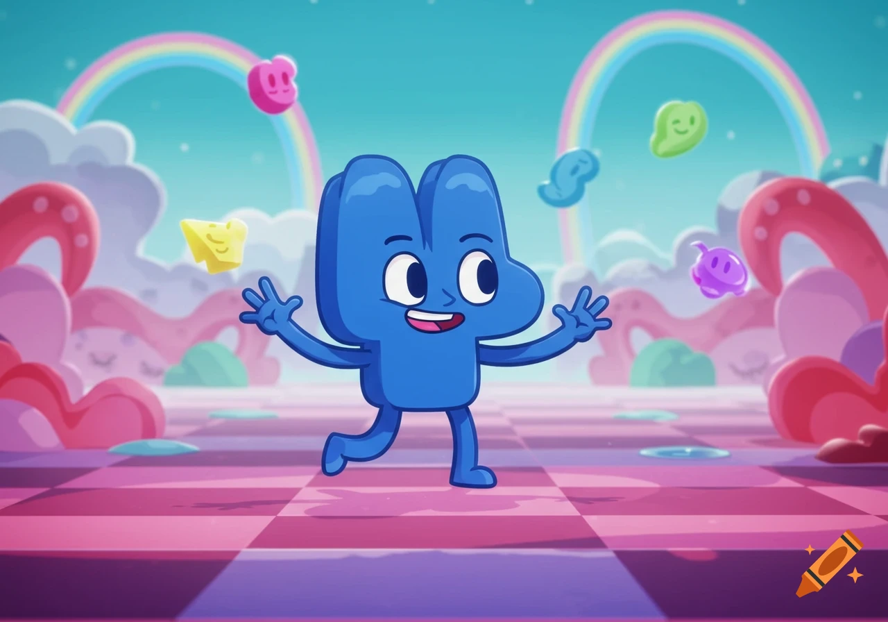 A happy blue number 4 cartoon character with arms and legs runs through a vibrant, whimsical landscape with rainbows and floating colorful creatures.