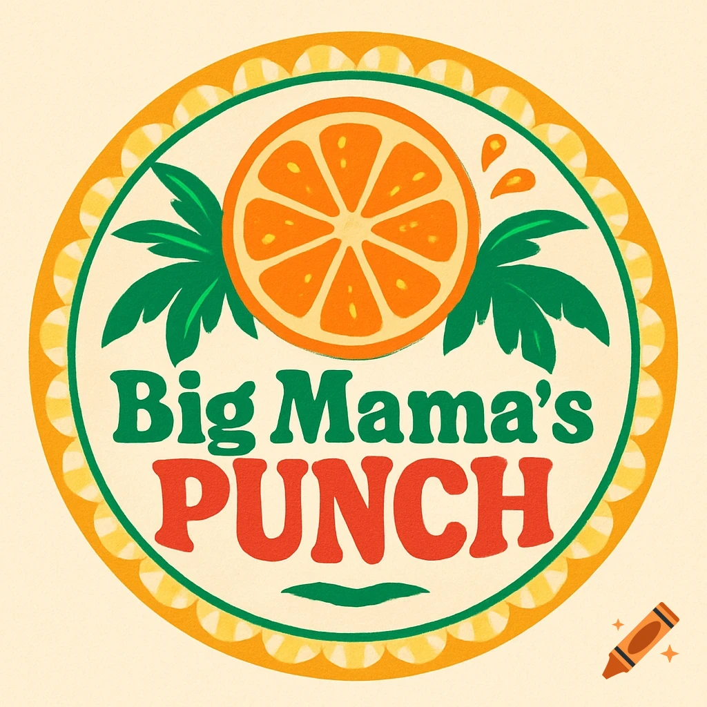 A circular logo featuring an orange slice, green palm fronds, and the text "Big Mama's PUNCH" in a retro style on a cream background.
