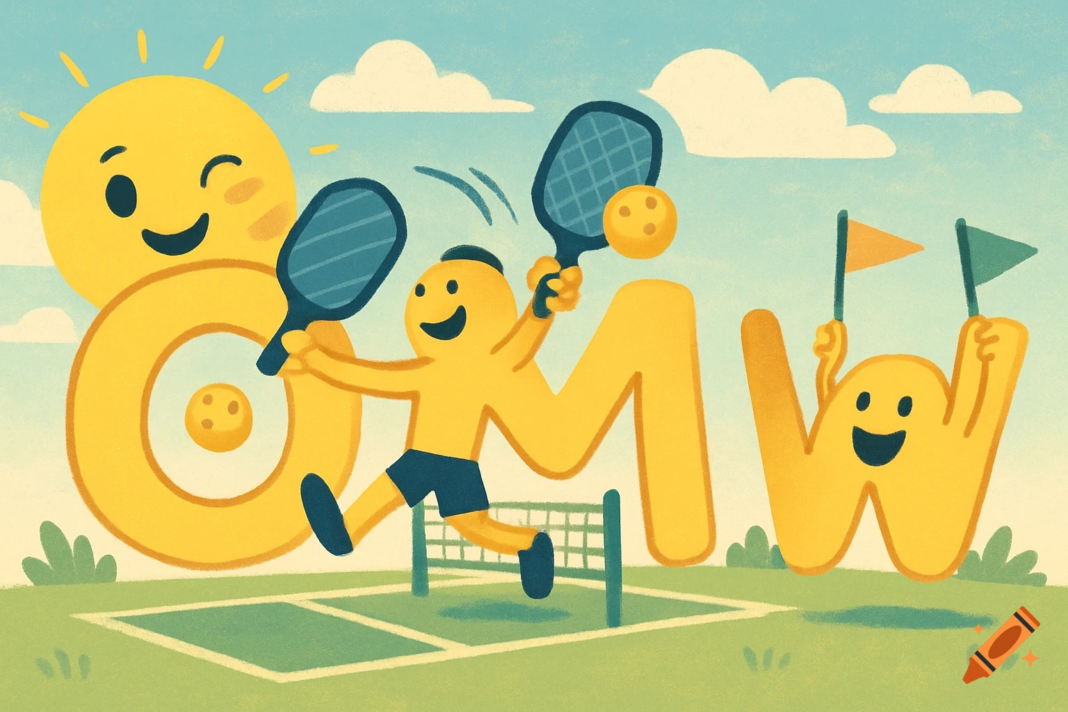 Personified yellow letters OMW playing pickleball on a court under a sunny sky in a cute illustration style.