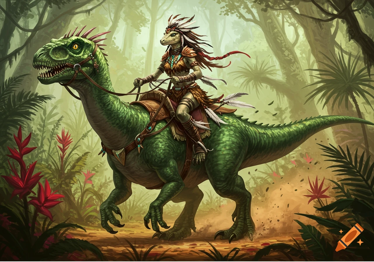 An anthro dinosaur woman with feathers and tribal attire rides a large green dinosaur through a vibrant jungle.