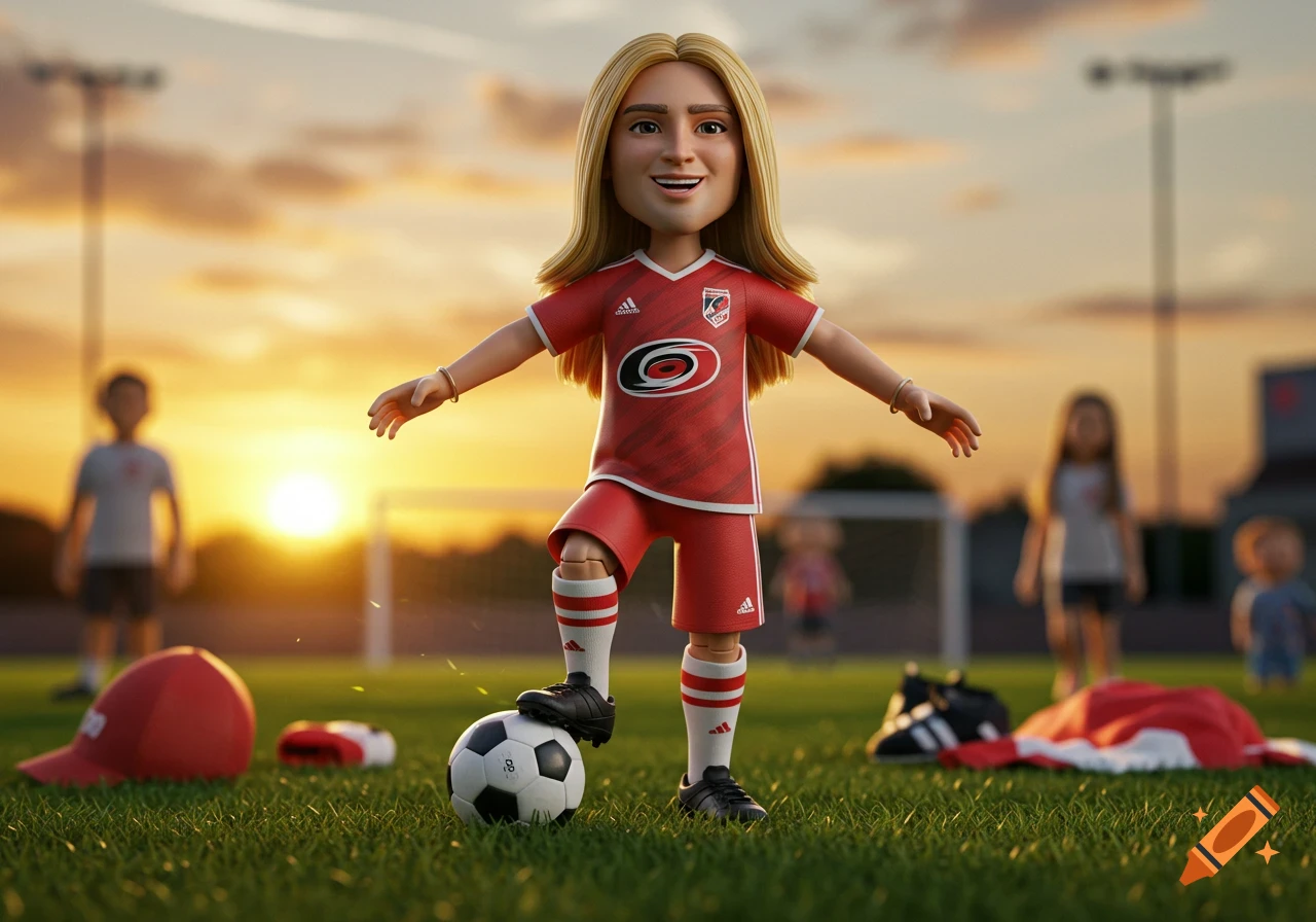 A smiling 3D action figure with long blonde hair in a red soccer jersey stands on a soccer ball on a green field at sunset.