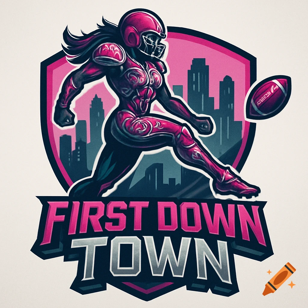 Stylized graphic logo of a female football player in pink gear running in front of a city skyline, with the text 'First Down Town'.