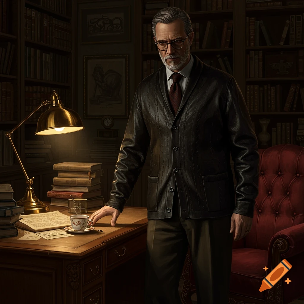 A gray-haired man with glasses and a beard stands by a wooden desk with a lamp, books, and a teacup in a dimly lit library. He wears a dark cardigan and tie.