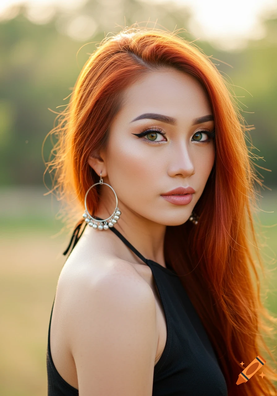 Photorealistic portrait of a woman with long red hair, sparkling green eyes, thick eyeliner, and large hoop earrings, against a blurred green background.