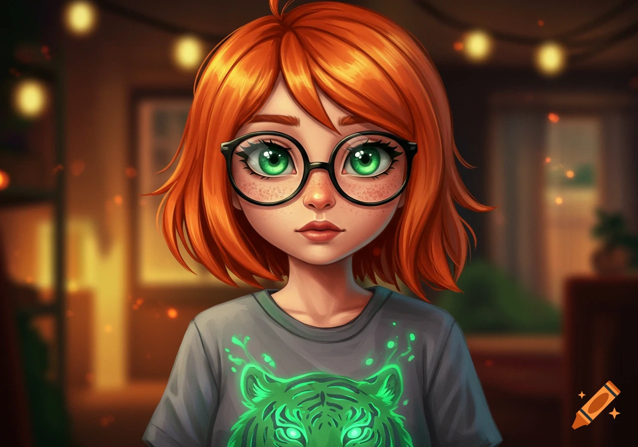 Cartoon girl with orange hair, glasses, and freckles, wearing a gray shirt with a green tiger design, in an indoor setting.