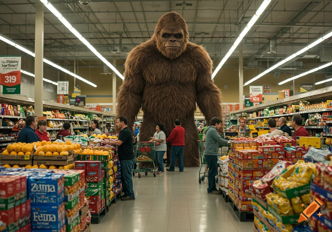 A massive, furry Bigfoot stands in the middle of a brightly lit grocery store aisle, towering over shoppers and shelves of products.