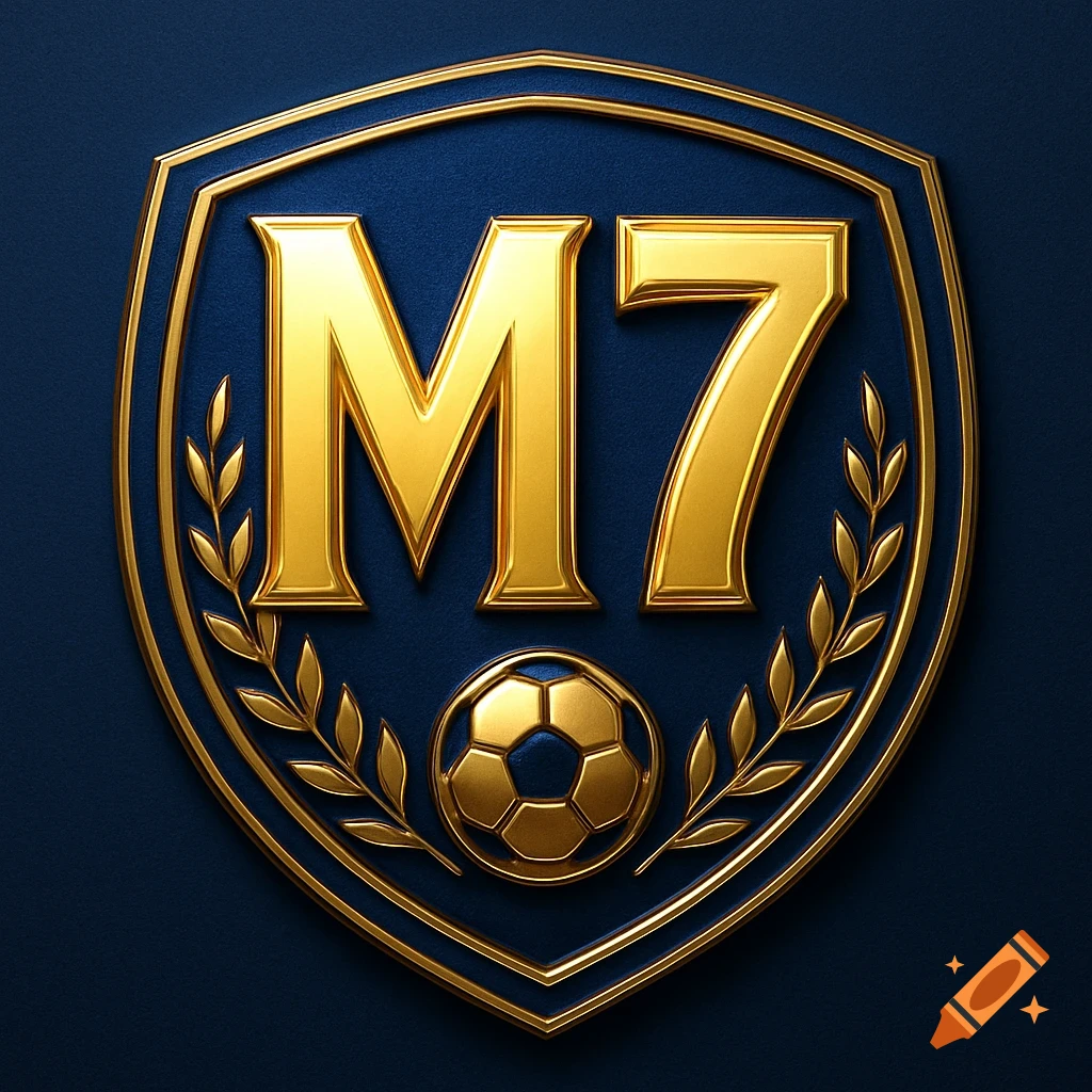 Gold and blue soccer badge with 'M7' text, a soccer ball, and laurel branches.