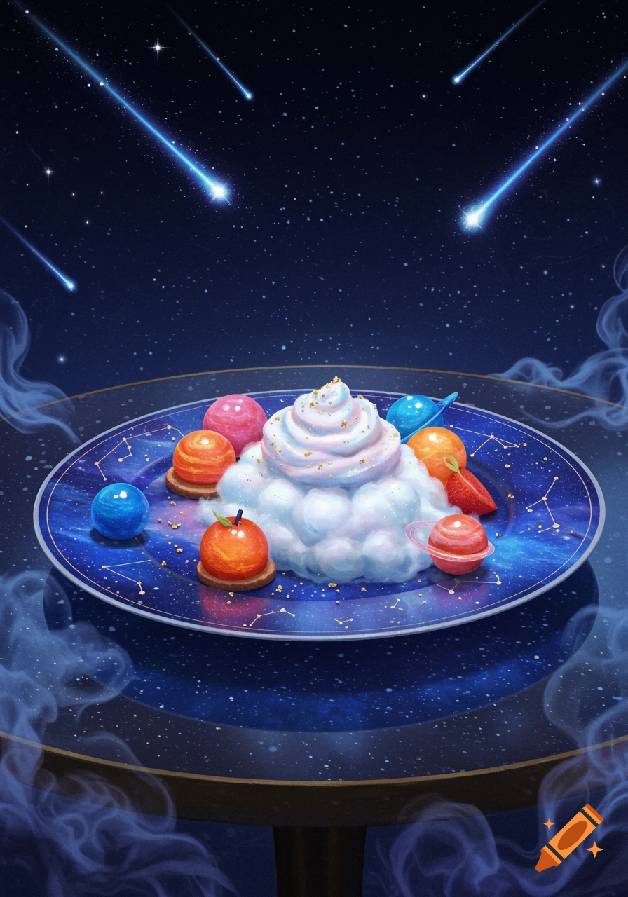 A dessert plate with a cloud of whipped cream and colorful planet-shaped candies, set against a cosmic background with shooting stars.