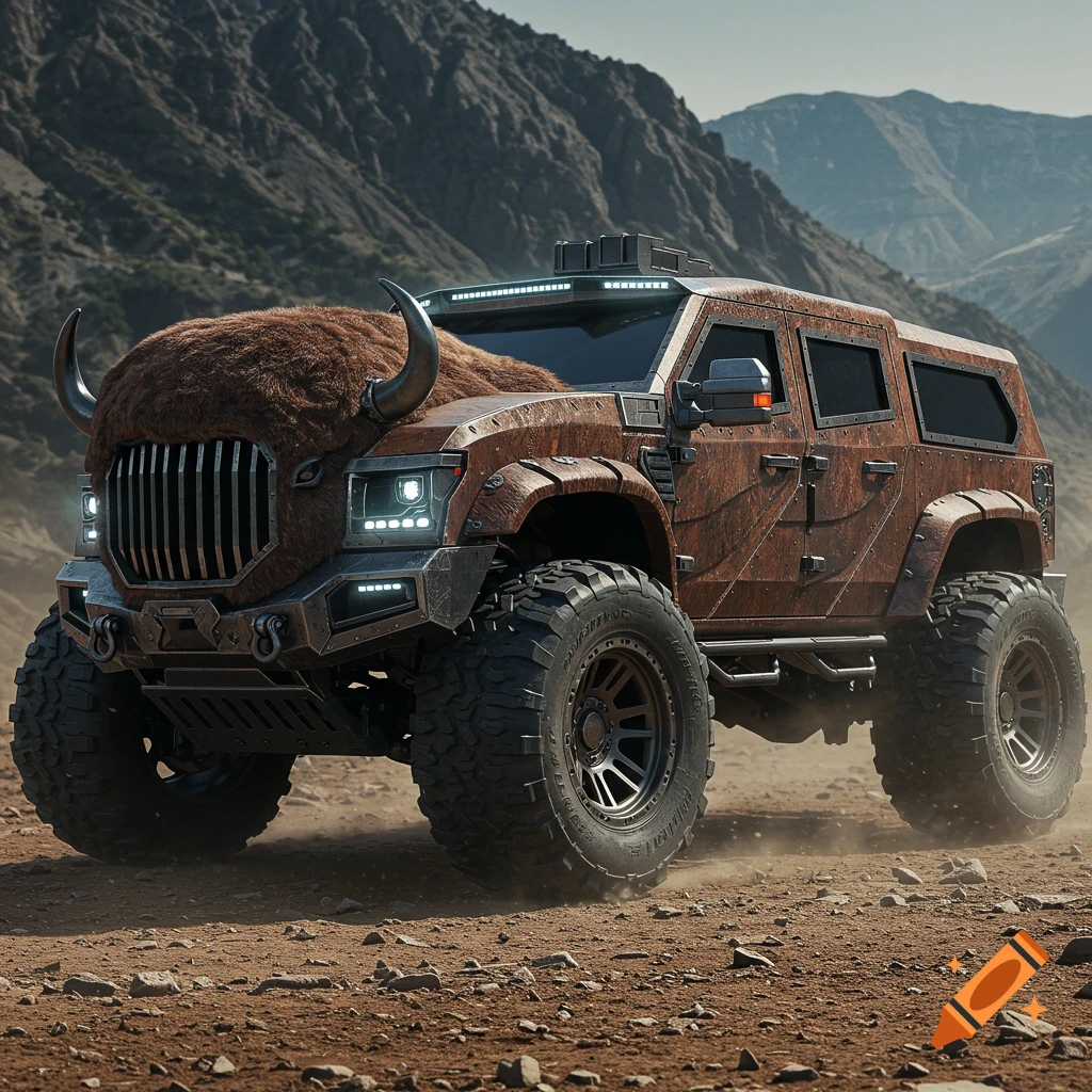 Photorealistic armored, rust-colored, bison-themed off-road vehicle with large tires on a dirt road against a mountain backdrop.