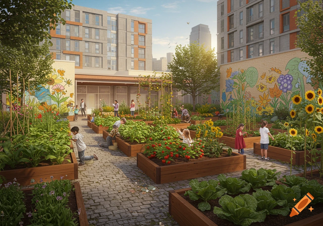 A vibrant urban community garden with children and adults tending plants in raised beds, surrounded by city buildings and a colorful mural.