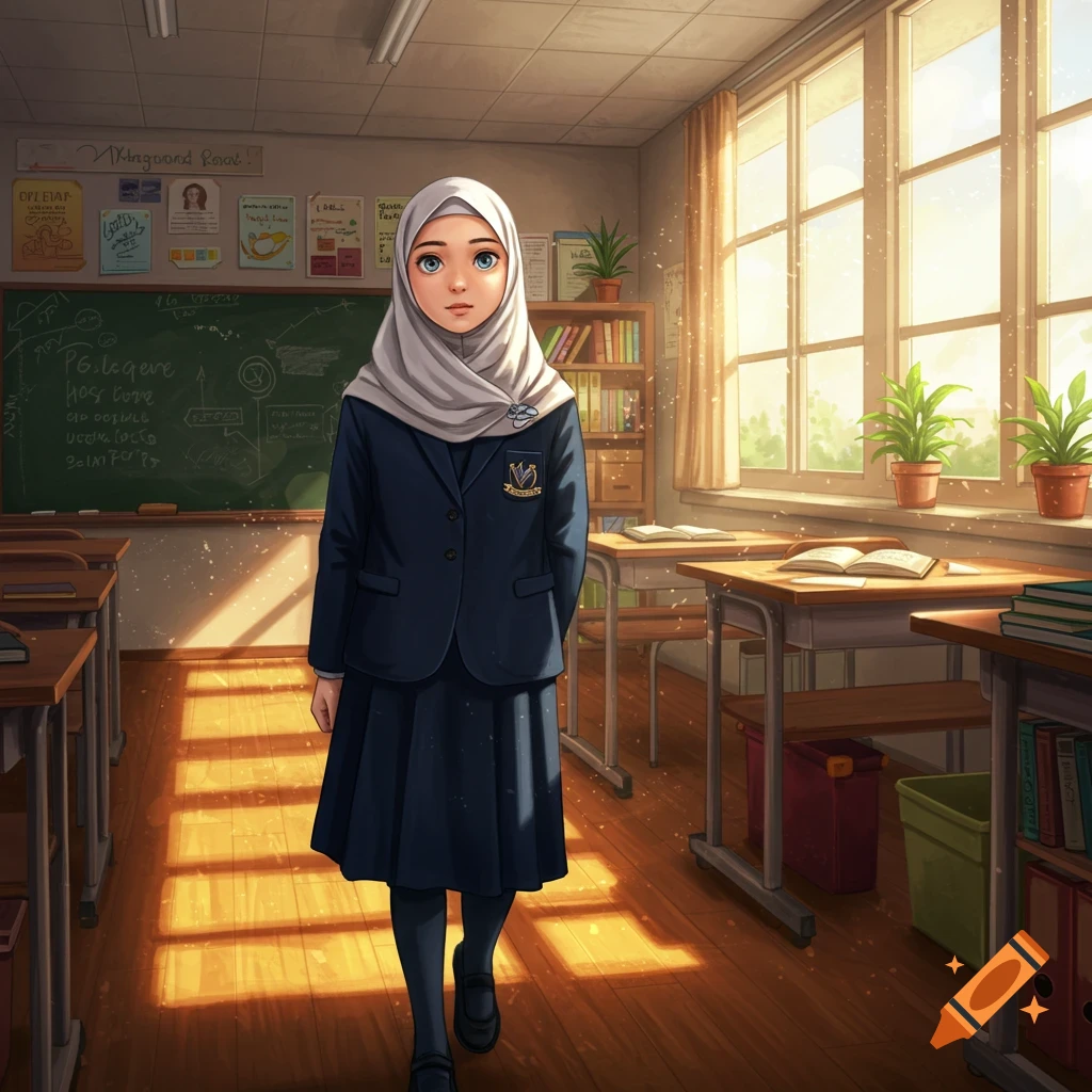 A stylized anime girl in a blue school uniform and a white hijab stands in a sunlit classroom.