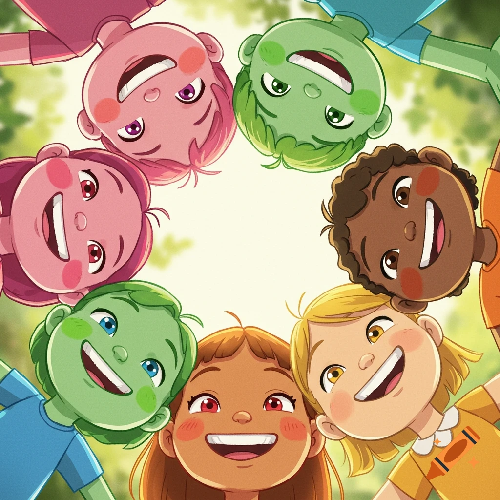 Six diverse cartoon kids with big smiles looking down, forming a circle, set against a blurry green outdoor background.