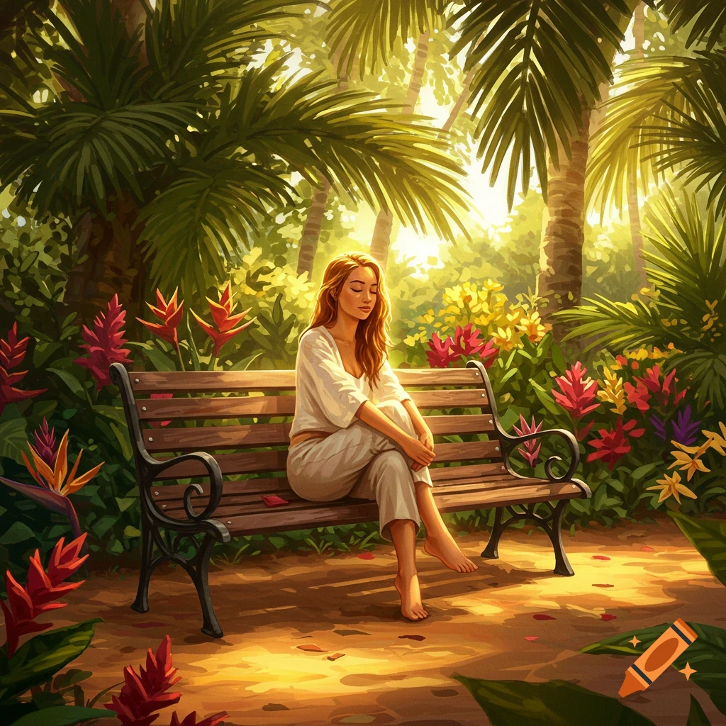 A young woman with red hair sits barefoot on a park bench, eyes closed, surrounded by tropical plants and flowers.