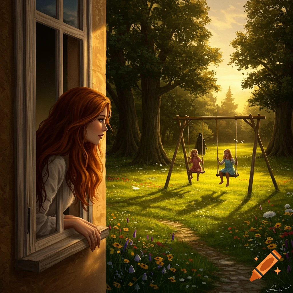 A red-haired woman looks out a window at two children playing on a swing set in a sunlit garden, with a faint, dark figure in the distance.