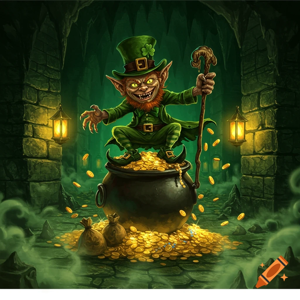 An evil gremlinized leprechaun with a green suit and hat sits on an overflowing pot of gold in a dark, glowing cave.
