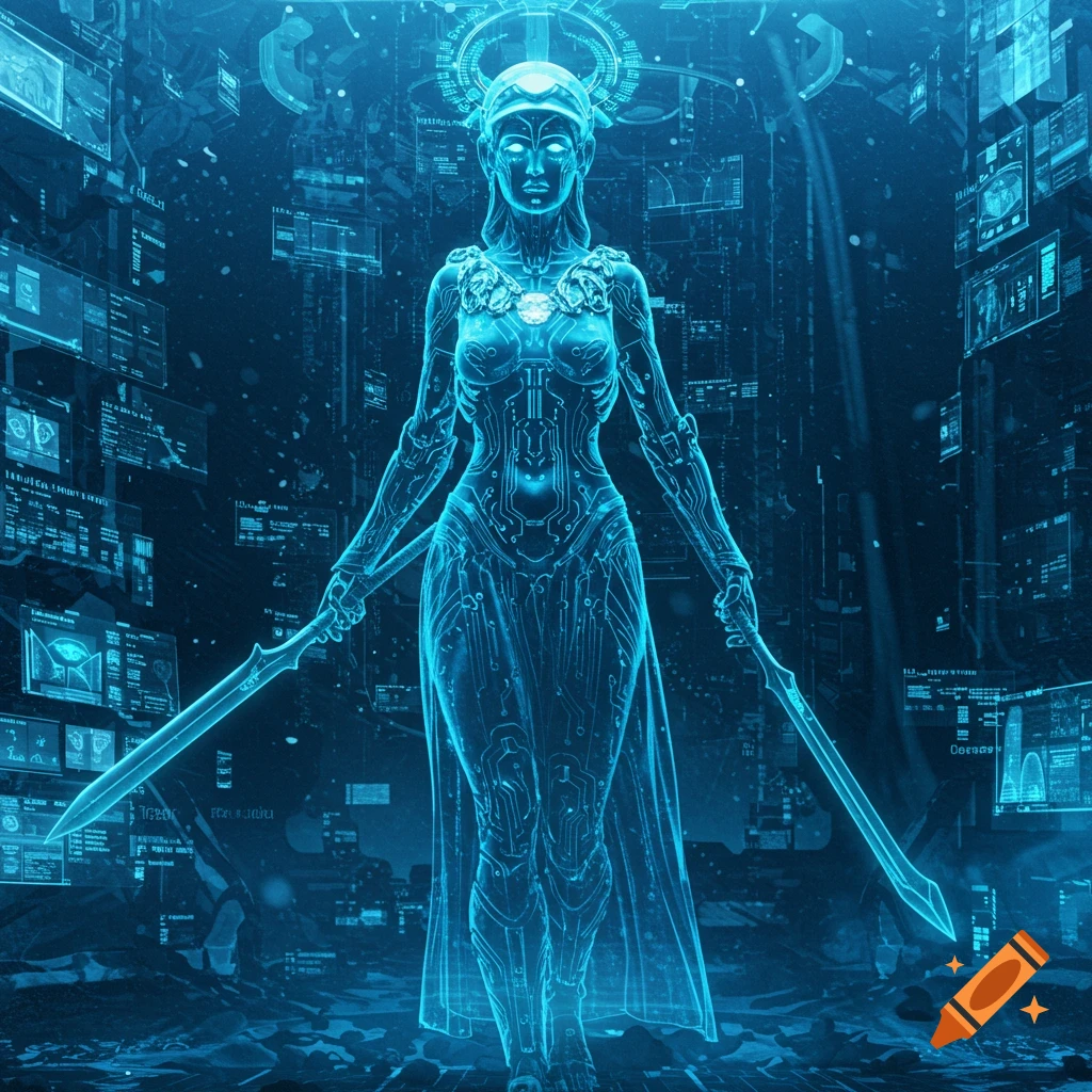 Luminous blue AI hologram of a goddess-like figure holding two swords in a futuristic digital environment.