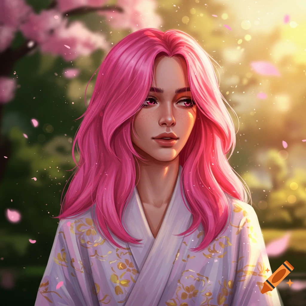 A stylized portrait illustration of a young woman with vibrant pink hair and red eyes, wearing a white kimono with gold patterns. She stands amidst falling pink cherry blossom petals in a warm, sunlit outdoor setting.