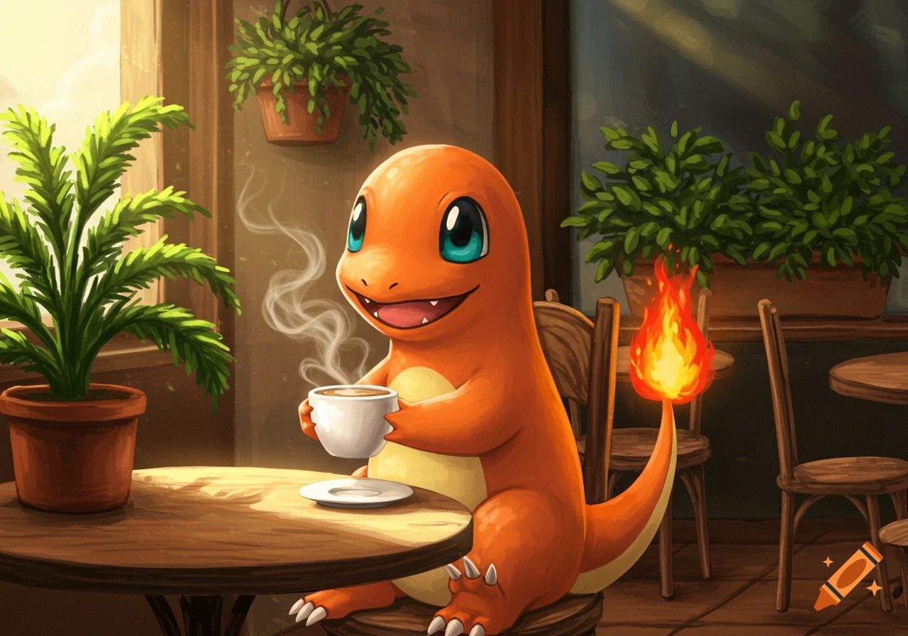 A cute orange Charmander happily sips coffee at a wooden table in a sunlit cafe filled with potted plants.