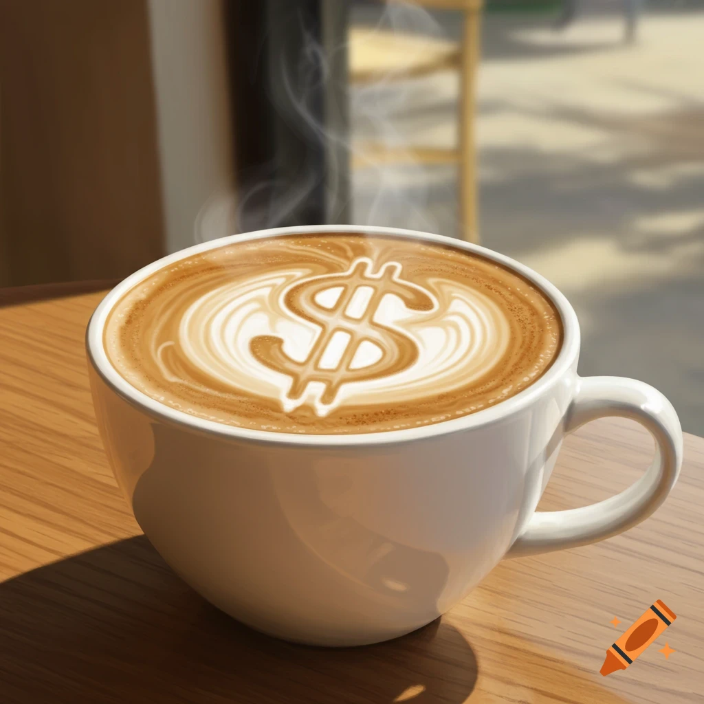 A close-up, photorealistic image of a white coffee cup filled with latte art depicting a dollar sign in the foam, on a wooden table.
