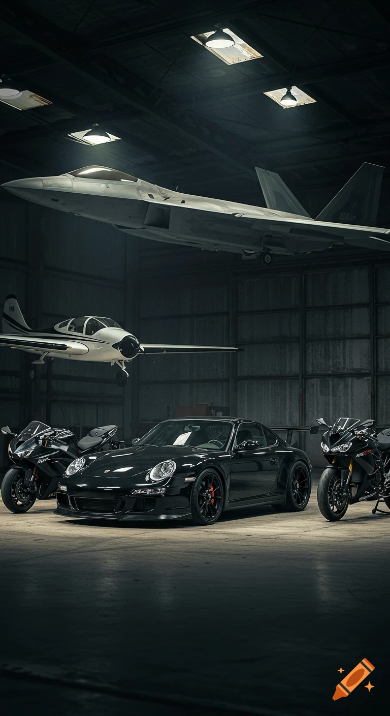 A black Porsche GT3 RS, two black motorcycles, a white propeller plane, and a grey F-22 fighter jet inside a dimly lit rustic hangar.