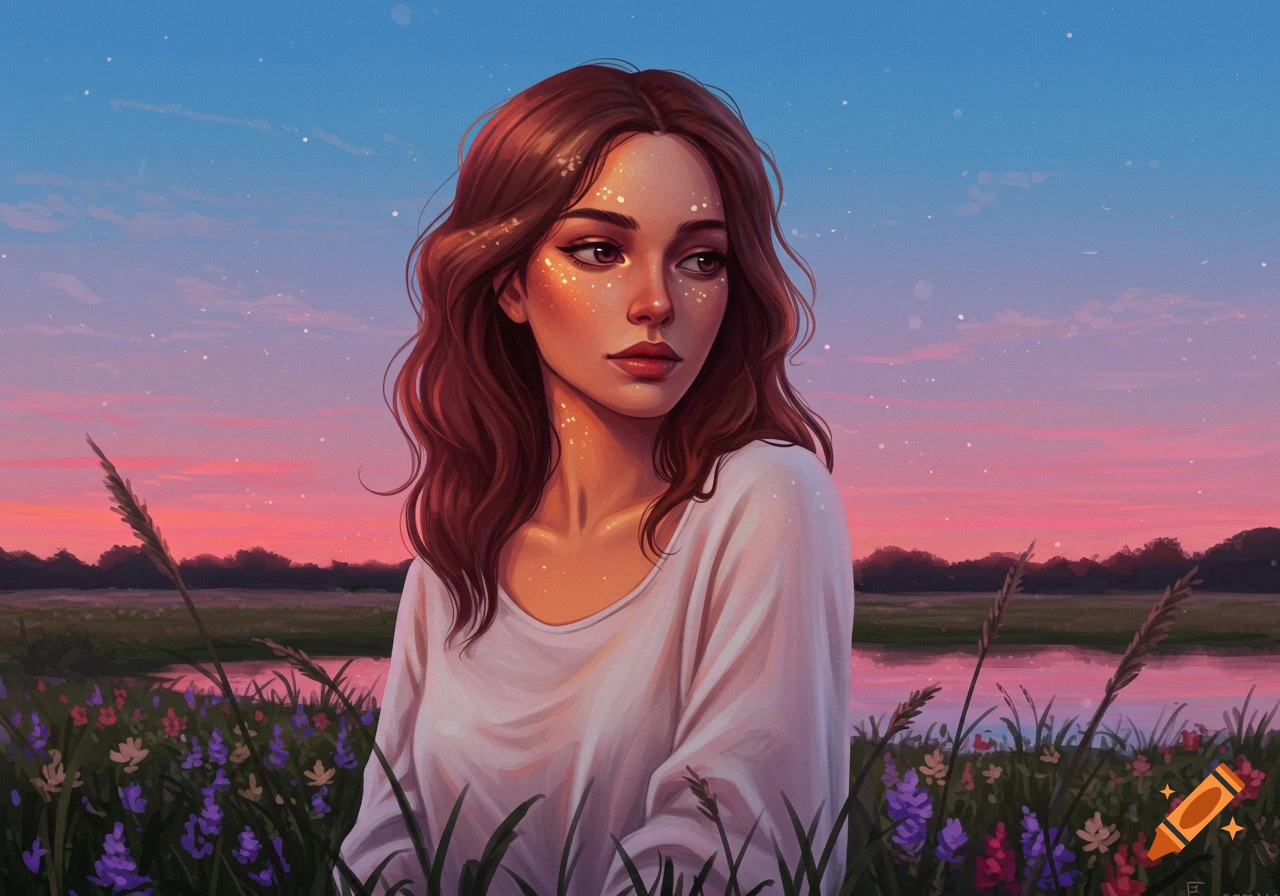 A digital art portrait of a woman with sparkling freckles and wavy brown hair in a field of wildflowers at sunset.
