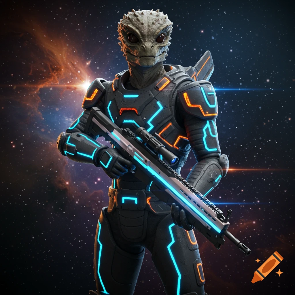 A reptilian alien soldier in futuristic blue and orange tech armor holding a rifle against a space background.