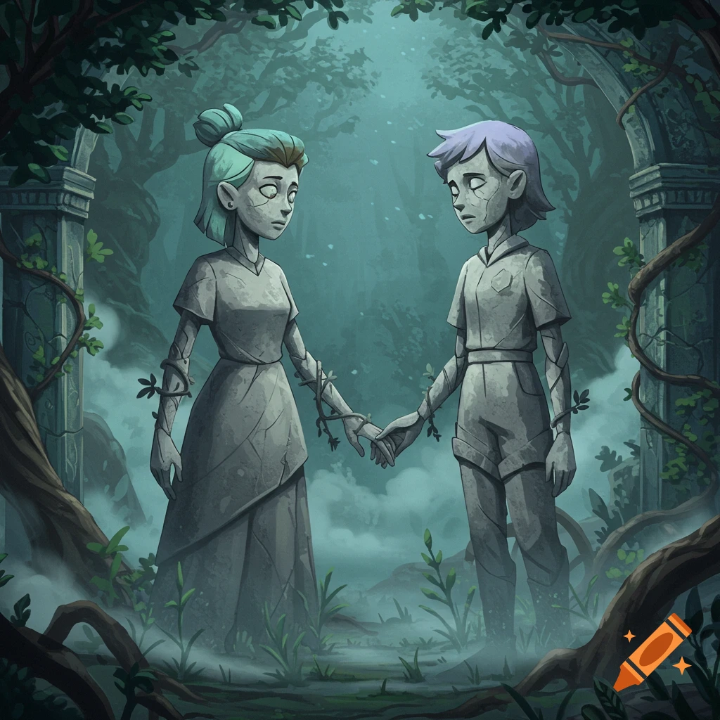 Two stylized stone statues of characters with colored hair, holding hands amidst overgrown forest ruins with fog.