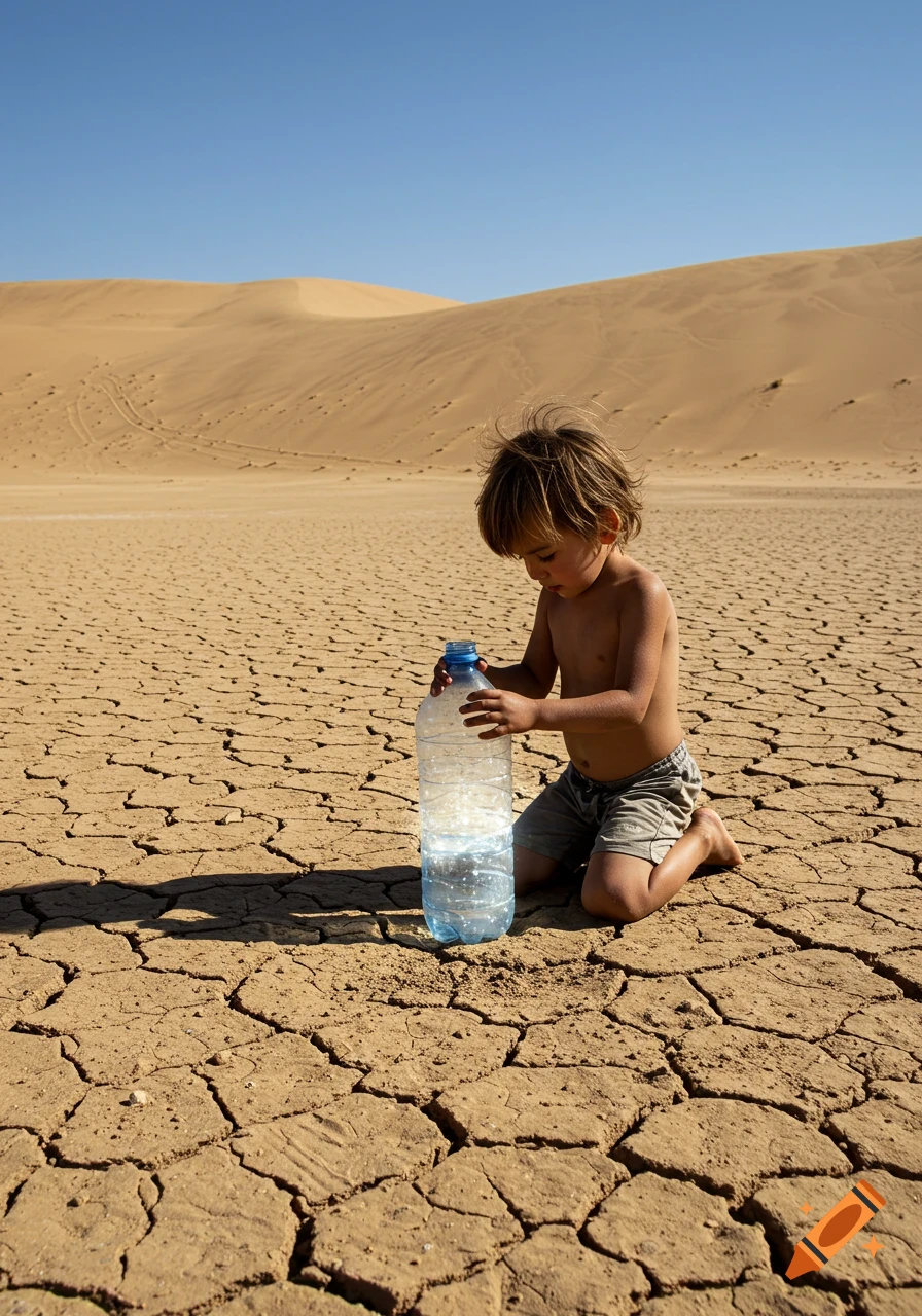 A young child kneels on dry, cracked desert ground, looking at a large plastic water bottle, with sand dunes in the background.