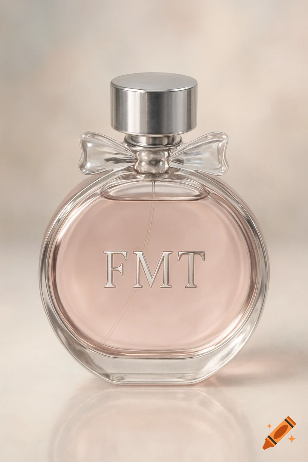A close-up, photorealistic image of a round perfume bottle with a silver cap and a glass bow, featuring the silver text 'FMT' on the front, against a soft, light background.