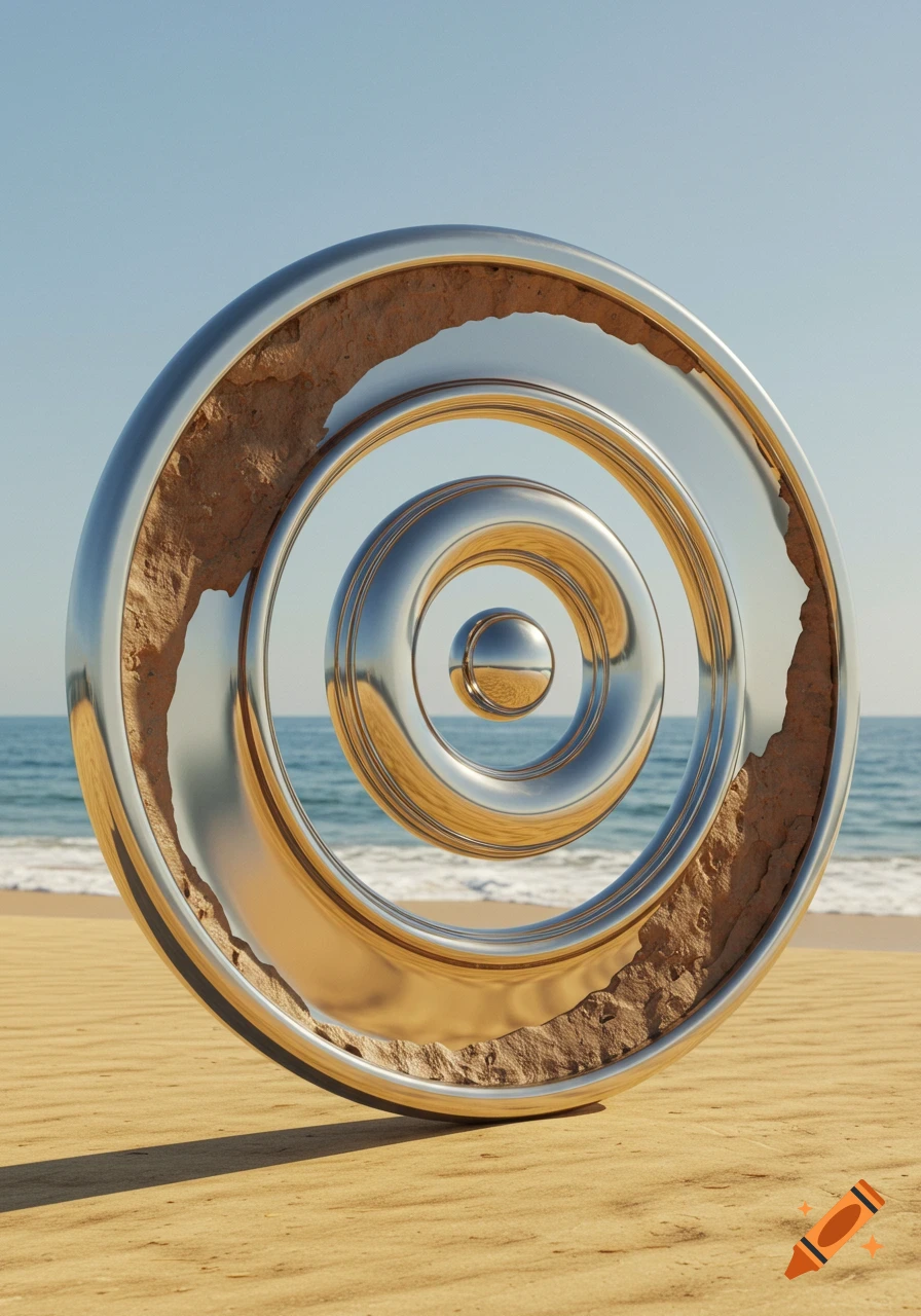 A metallic, ring-like sculpture with rough, earthy textures embedded, stands on a sandy beach with the ocean in the background.