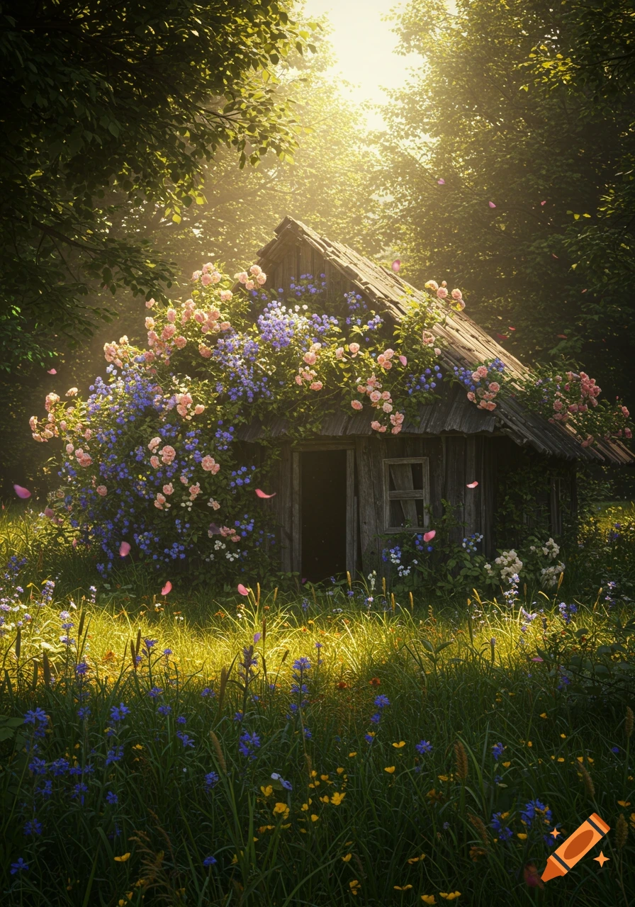 An old wooden hut covered in pink roses and blue wildflowers in a sunlit forest, with petals falling.