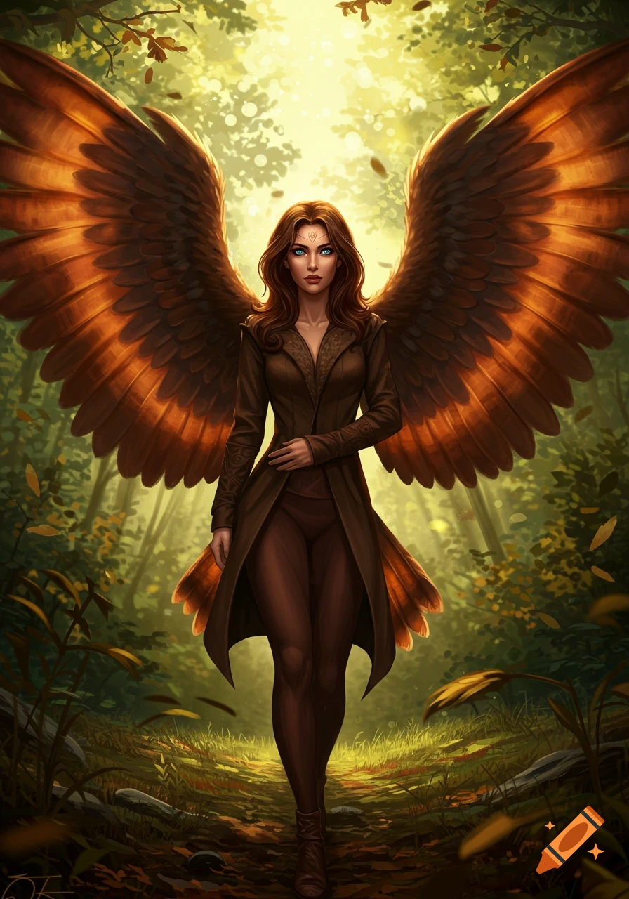 A woman with large brown owl wings and a long brown jacket walks through a sunlit forest path in a digital illustration.