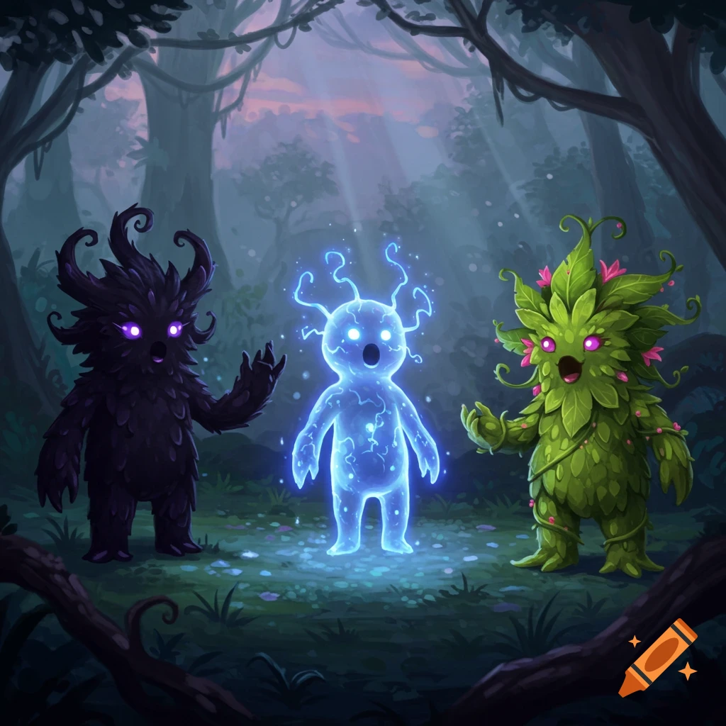 Three cartoonish monsters: a dark one, a glowing blue one, and a leafy green one, in a mystical forest.