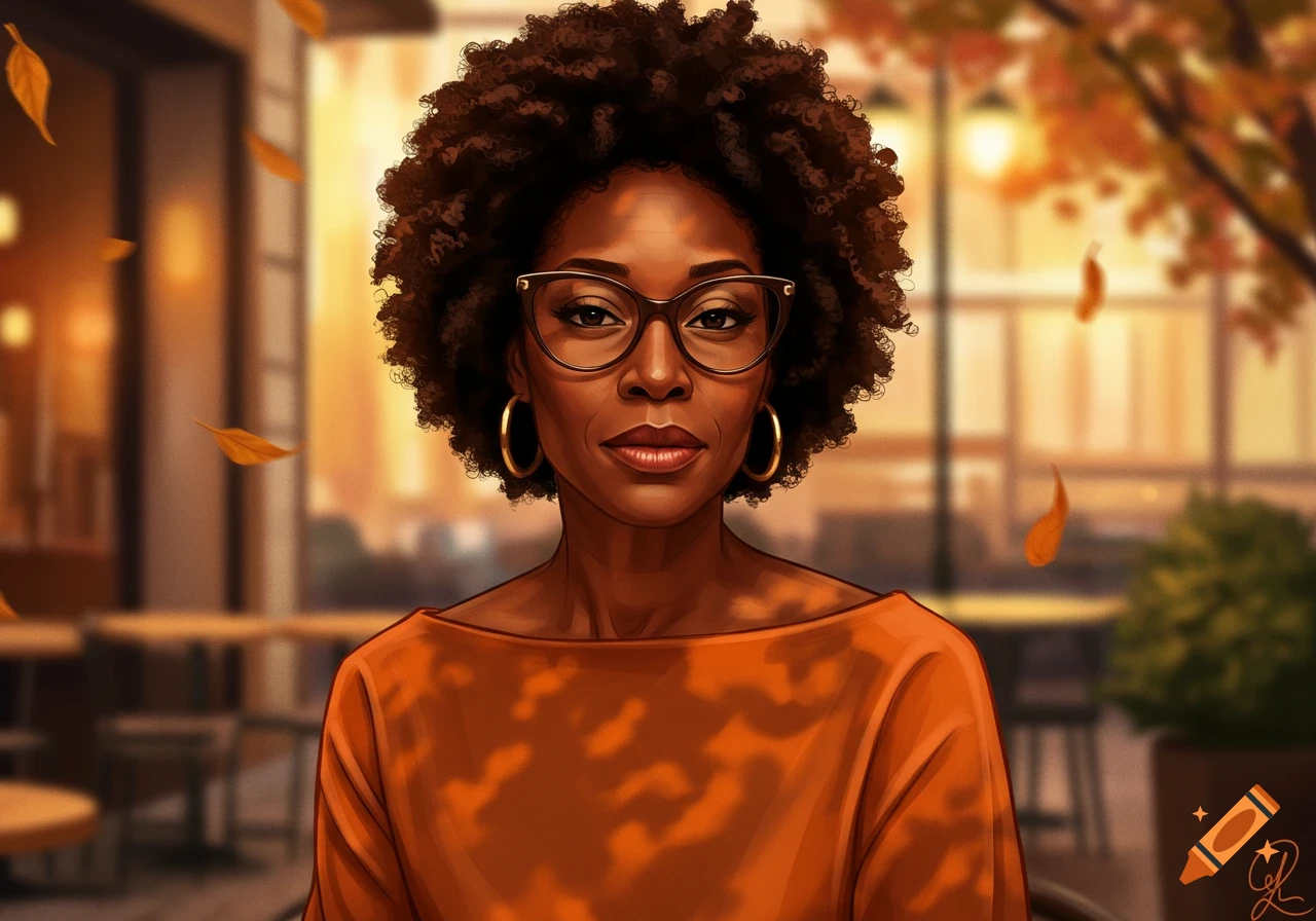 Stylized portrait of a Black woman with curly natural hair and cat-eye glasses, wearing an orange boat-neck shirt, with autumn leaves falling around her in an outdoor cafe setting.