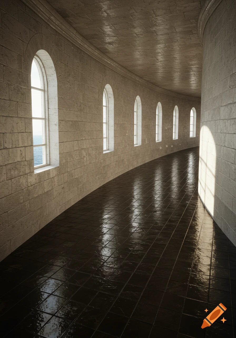 A photorealistic long, curved stone passageway with arched windows overlooking the ocean and a dark, reflective tiled floor.