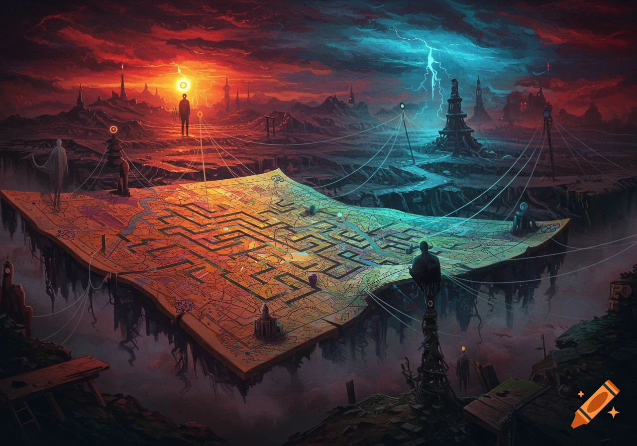 A dark, surreal landscape split between fiery red and stormy blue skies, featuring a massive, floating map with a maze pattern. Several human-like figures stand on the map and surrounding terrain, connected by glowing lines.