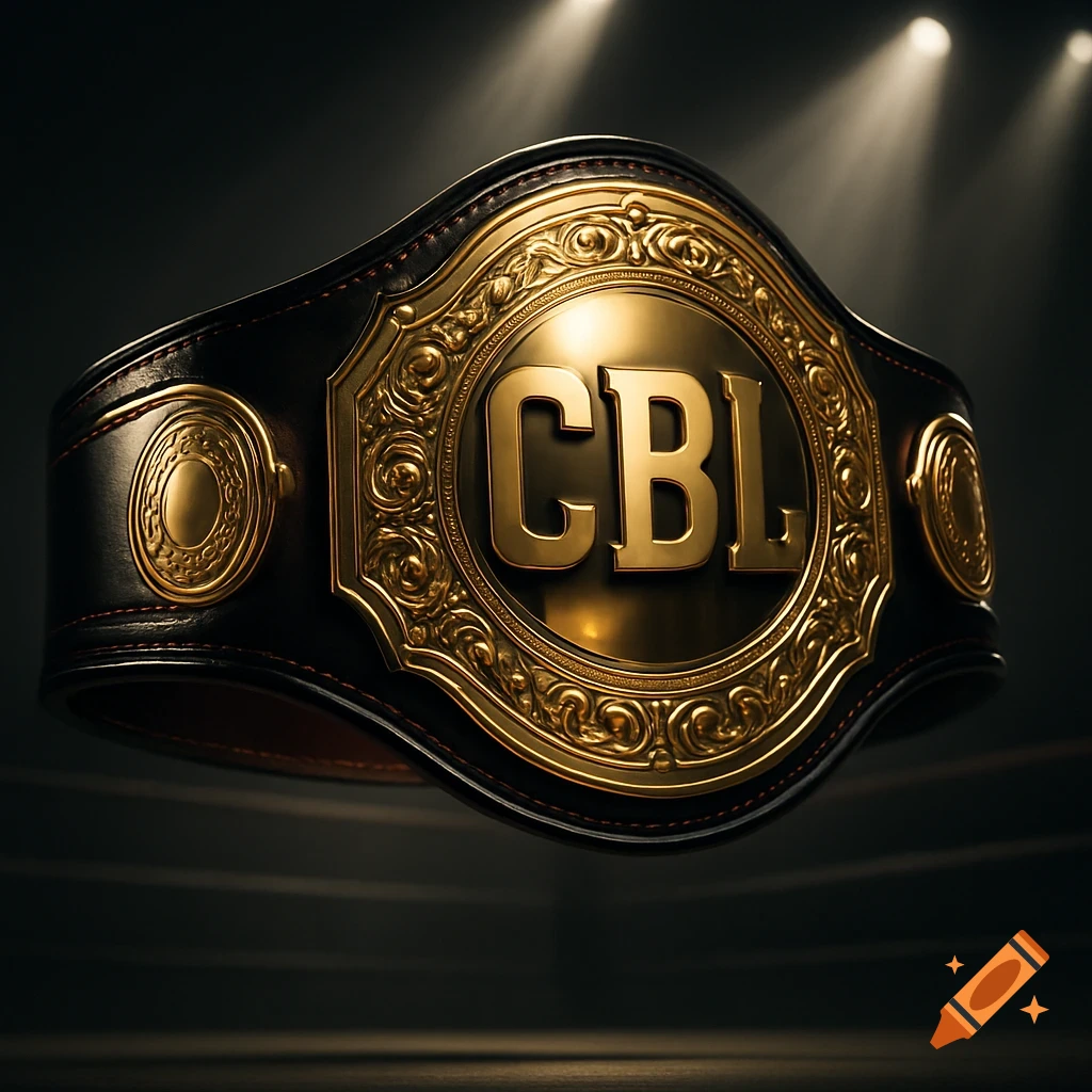A photorealistic gold and black championship belt with "CBL" on the front, lit by spotlights.