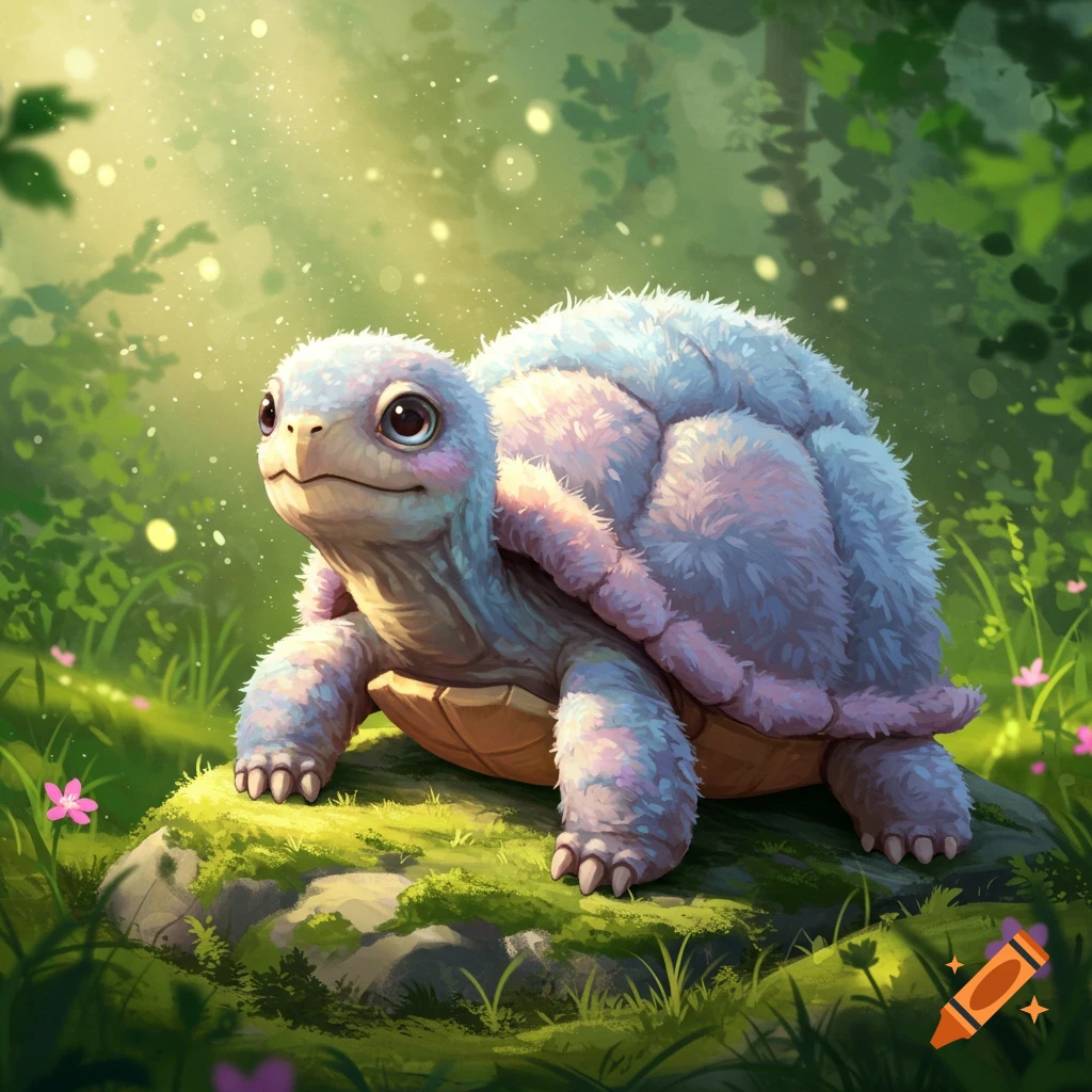 A cute, furry turtle with light blue and pink fur on its shell and limbs, sitting on a mossy rock in a soft, sunlit forest with bokeh lights.