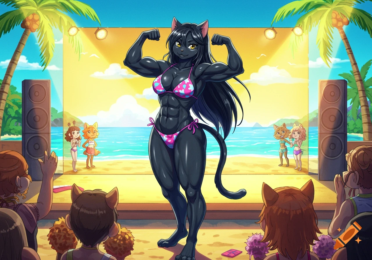 Anime drawing of a muscular anthropomorphic black cat in a pink bikini flexing on a beach stage, with other characters in the background.