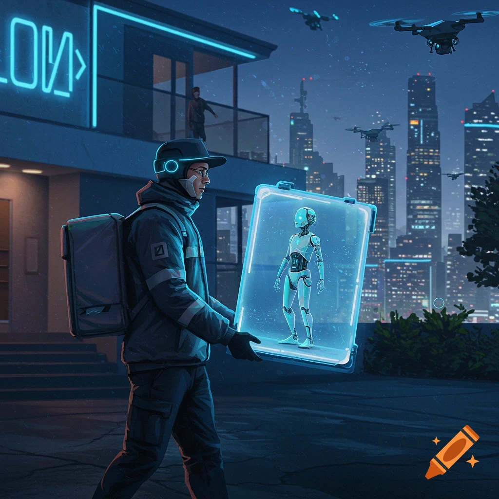 A delivery man in a futuristic city holds a glowing transparent screen displaying a humanoid robot. Drones fly overhead at night.