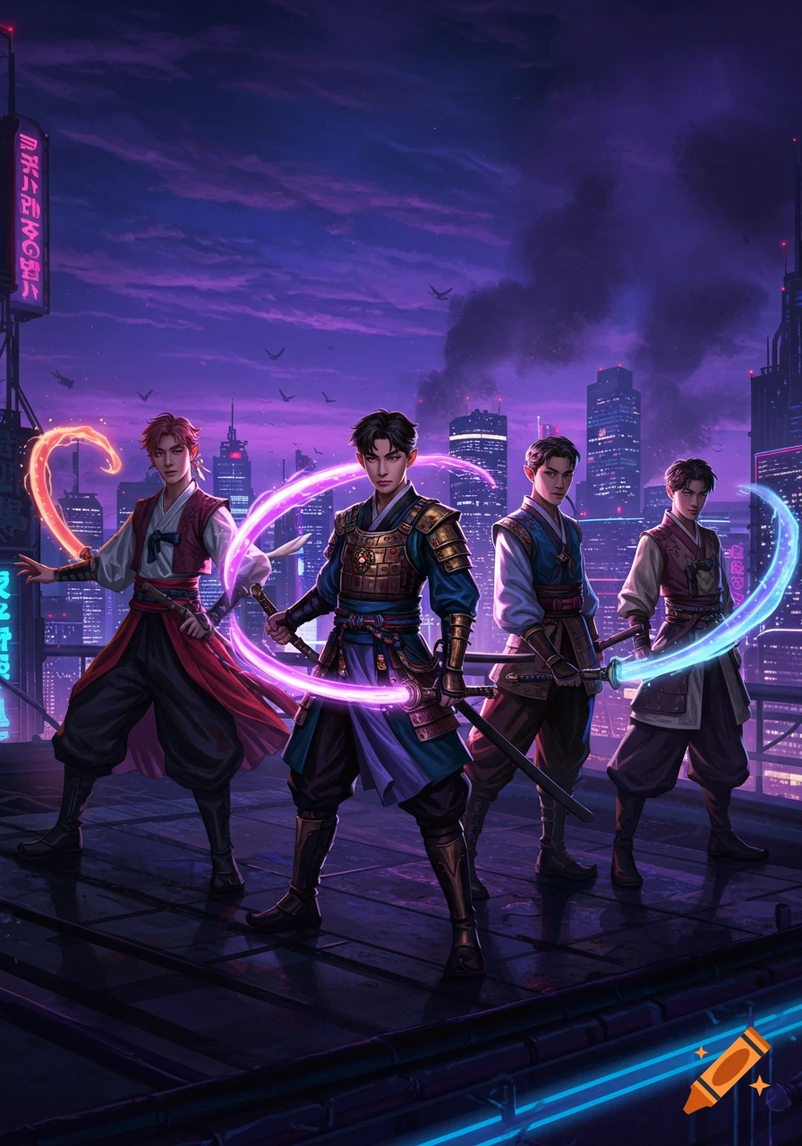 Four young men in stylish, futuristic traditional attire with glowing swords stand on a rooftop overlooking a neon-lit cyberpunk city at night.
