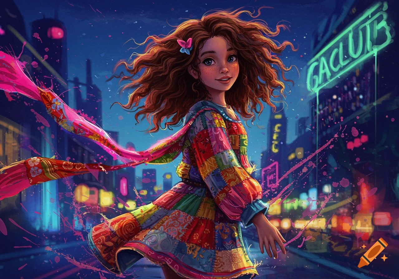 An artistic illustration of a girl with long curly hair in a colorful patchwork dress, standing in a vibrant, neon-lit city at night.
