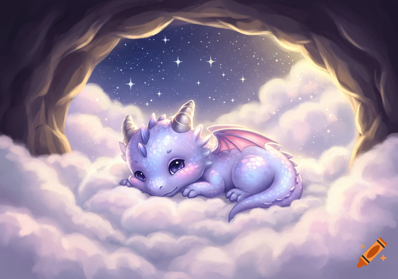 A cute, lavender baby dragon with purple wings resting on fluffy white and pink clouds under a starry night sky in a cave opening, cartoon style.