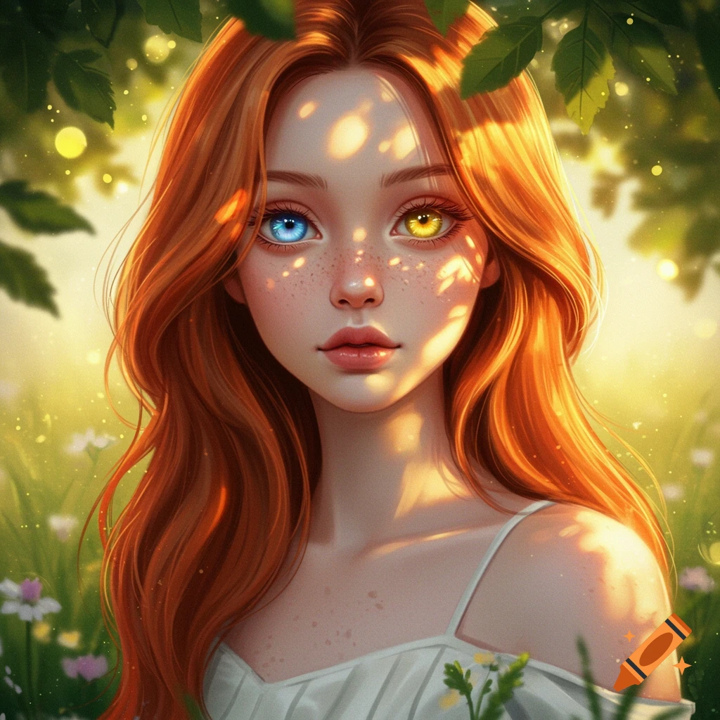 A portrait of a girl with long red hair and heterochromia, one blue eye and one yellow eye, in a sunlit garden.