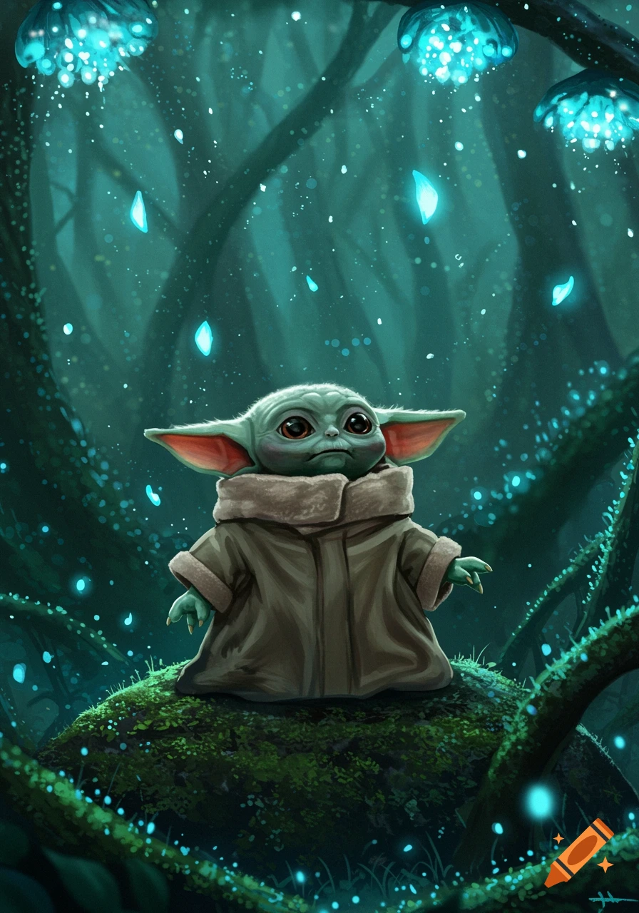 Baby Yoda sits on a mossy log in an enchanted, glowing forest with bioluminescent plants. Digital illustration.
